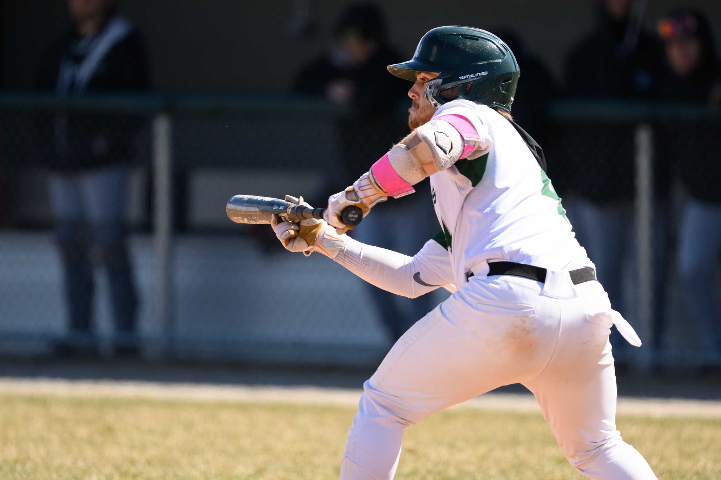 A Moraine Valley baseball player bunting.