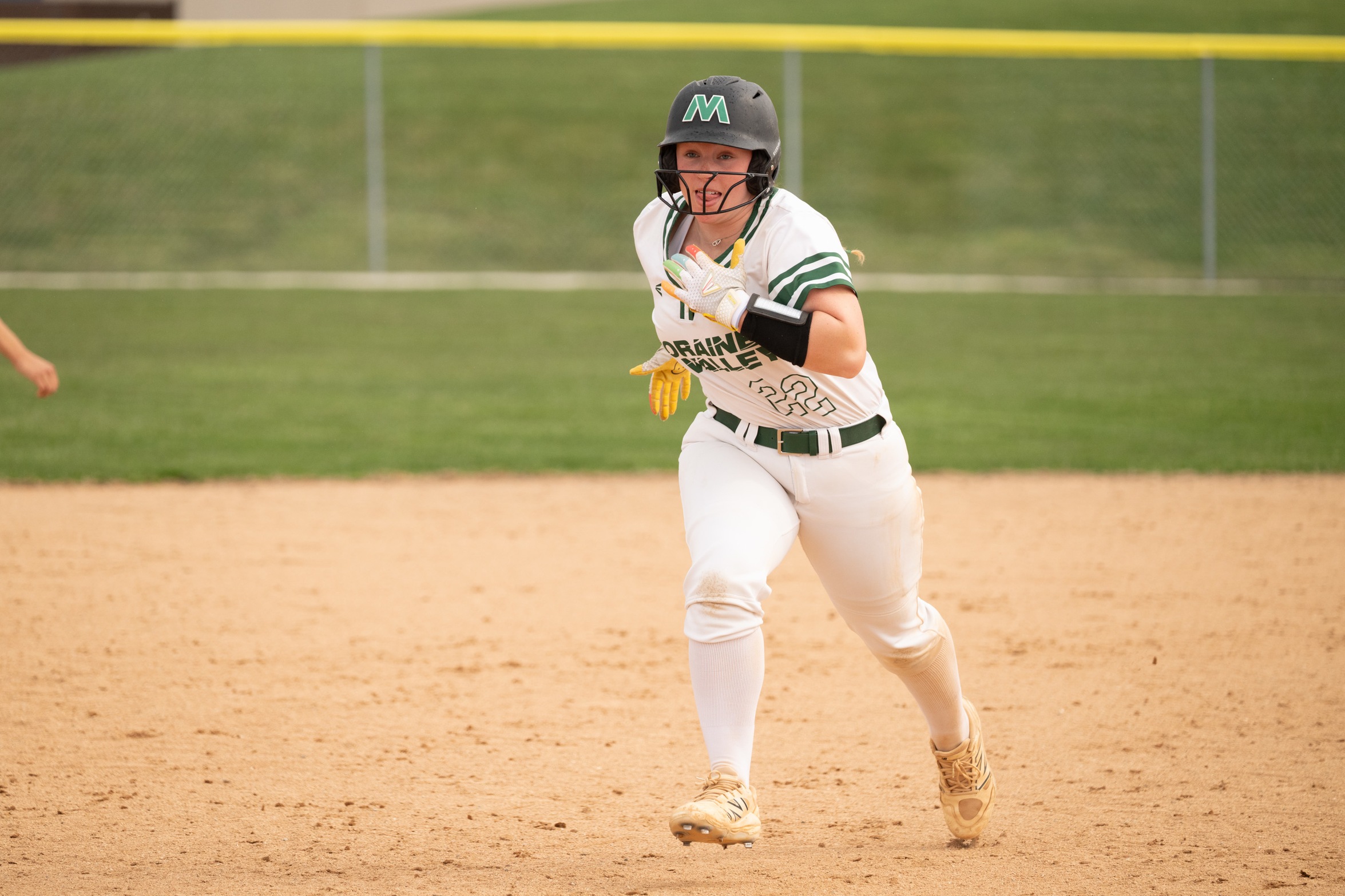 A Moraine Valley softball player runs the bases.